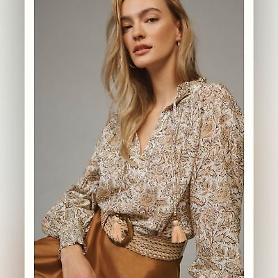 #ad By Anthropologie Tie Neck Peasant Blouse Neutral Motife