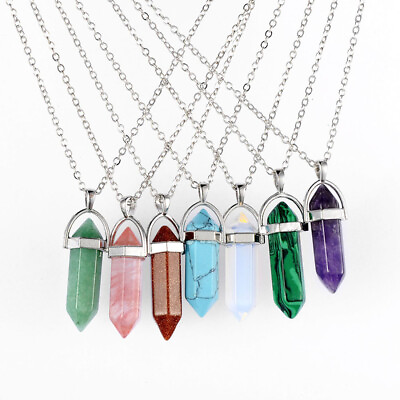 #ad Natural Gemstones Hexagonal Pointed Reiki Chakra Healing Pendant Necklaces Beads