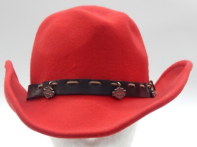 #ad Harley Davidson Red 100% Wool Cowboy Adorned Hat Size Large Made In USA