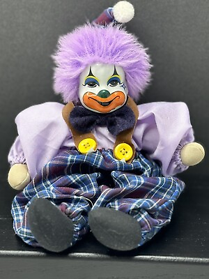 #ad Vintage Q Tee Clown Porcelain amp; Fabric Handmade Doll Purple Sand Filled Weight
