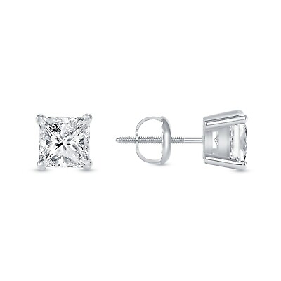 #ad 2 Ct Princess Cut Created Diamond Earrings Stud Real 14K White Gold Basket Screw