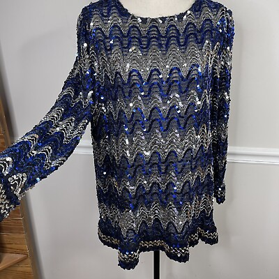 #ad Vintage Rob Hill For Mister Jay 80s Black silver blue Sequin Sleeve Top large