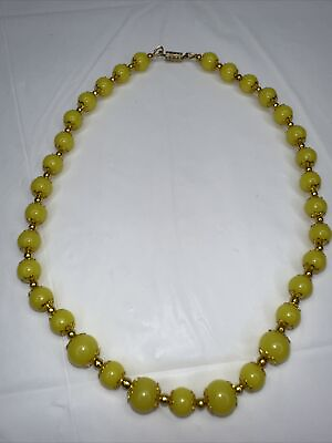 #ad Yellow Caged Bead Necklace 15quot; choker Gold Tone Barrel Clasp Strand Resin