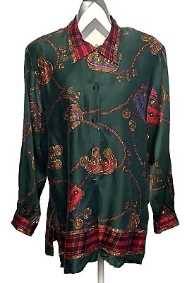#ad Corey B New York Vintage Womens Silk Blouse Size 12 Baroque Print Green Red