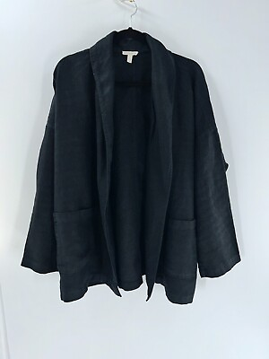 #ad Women#x27;s Eileen Fisher Black Linen Open Front Jacket Size L