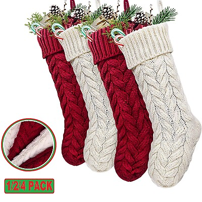 #ad 18 in Christmas Stocking Large Size Cable Knitted Burgundy Red Cream White Xmas