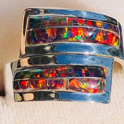 #ad Gorgeous Opal #x27;Wrap Around the finger#x27; Ring RED Sterling Solid 6 Black Golden