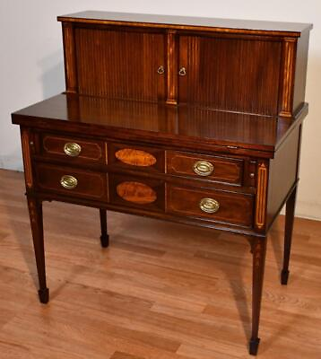 #ad 1920 Antique English Edwardian Mahogany inlaid secretary tambour writing desk