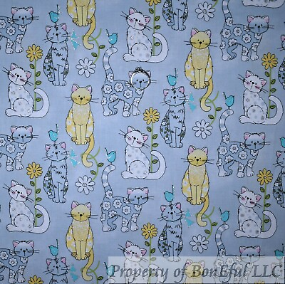 BonEful Fabric FQ Cotton Quilt Blue Gray Bird Yellow White Kitty Cat Glitter Dot
