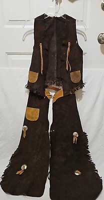 #ad #ad VINTAGE 1970#x27;S SUEDE COWBOY COSTUME REAL LEATHER CHAPS VEST CHILD See Pics