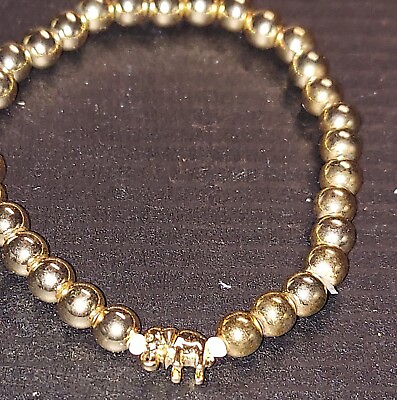 #ad Gold Tone Beaded Stretchy Bracelet With Elephant Bead