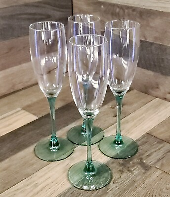#ad Vintage Luminarc Teal Stem Champagne Flutes Wine Glasses Set Of 4 France