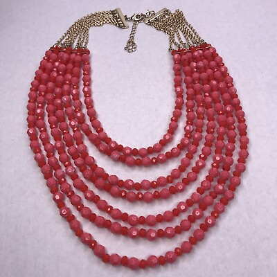 #ad Layered Beaded Orange Pink Necklace Multi Strand Resin Beads Adjustable