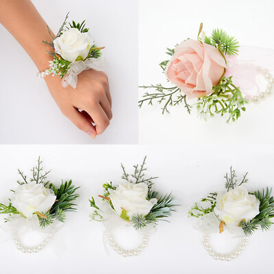 #ad Rose Pearl Wrist Corsage Bracelet Bridesmaid Bride Wedding Party Hand Flowers
