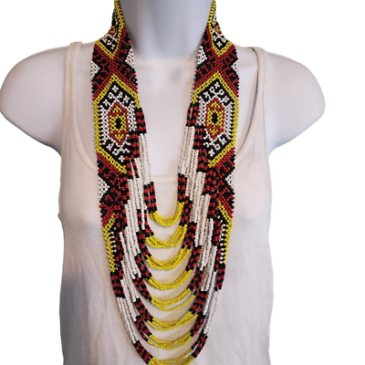 #ad Tribal Artisan Beaded Statement Necklace Multi Layered