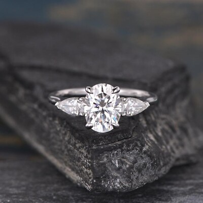 #ad 3CT White Oval Cut Moissanite 3 Stone Engagement Wedding Ring 14K White Gold FN