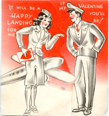 #ad Vtg Valentine Card Happy Landing Pilot Any Ship For Me Stewardess Airplane c1940
