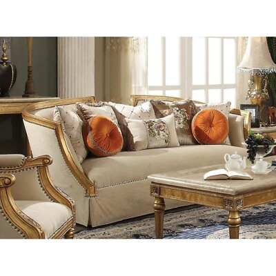 Vintage Sofa with 8 Pillows in Tan Flannel amp; Antique Gold Luxurious Sofa