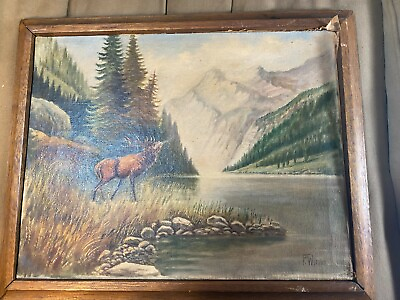 Antique F Wiemer quot;Moose In Landscape Scenequot; Oil Painting Signed And Framed