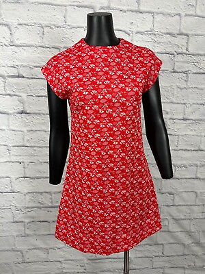 Vintage 1970#x27;s Handmade Red Floral Design Cap Sleeve High Neck Mini Dress