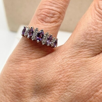 #ad Genuine Marquise Amethyst Clear CZ Silver Band Ring Size 5.5