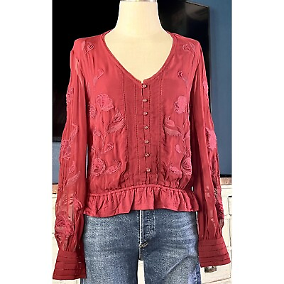 #ad NWT New $130 Anthropologie Embroidered Floral Wine Longsleeve Blouse Top S