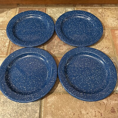 #ad SET OF FOUR BLUE ENAMEL DINNER PLATES 9 Inch Unbranded See Photo One Has A Chip