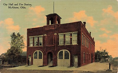 McAlester Oklahoma City Hall Fire Station Old View Postcard LP35