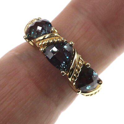 #ad 14k Solid Yellow Gold 3 Stone Fantasy Cut lab Alexandrite Band Ring Size 6.25