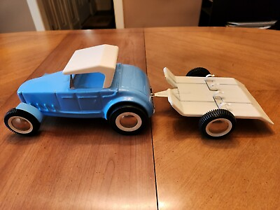 #ad #ad Vintage 1960s Buddy L Hot Rod Roadster Blue Steel Toy Car w Motorcycle Trailer