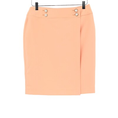 #ad New CALVIN KLEIN Peach Coral Faux Wrap Pencil Skirt Pearl Button Womens Size 6P