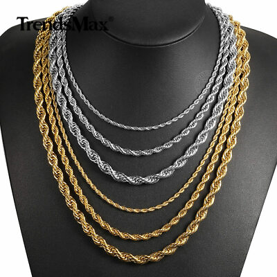 #ad 16quot; 30quot; Twisted Rope Chain Gold Plated Stainless Steel Link Necklace Men 3 7mm