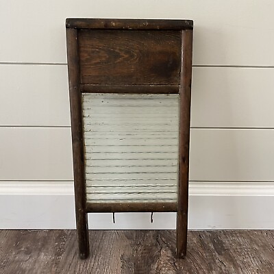 Vintage Ribbed Glass Washboard Antique Wood amp;Glass Wash Board Primitive Rustic