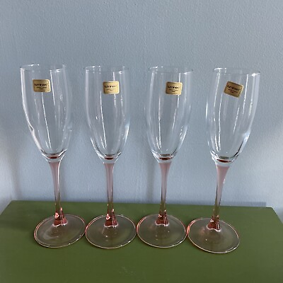 #ad #ad Set of 4 Luminarc France Rose Flutes Pink Rose Stem Champagne Glasses Clear