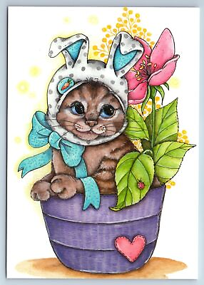 #ad CUTIE CAT in BUNNY Rabbit Costume in Flower Pot New Unposted Postcard