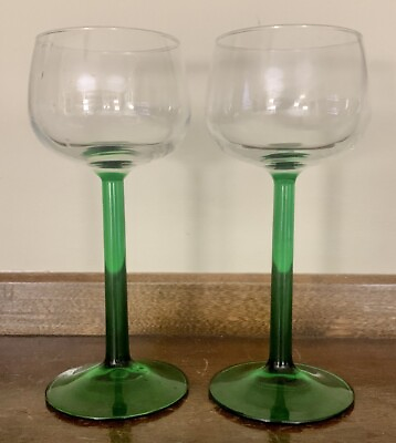 Luminarc France Wine Hock Glasses 2 with Green Stem 6.5” Vintage