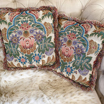 #ad Vtg PAIR Jacquard Traditional Brocade Pillows Toss Throw Square Pink Blue Green