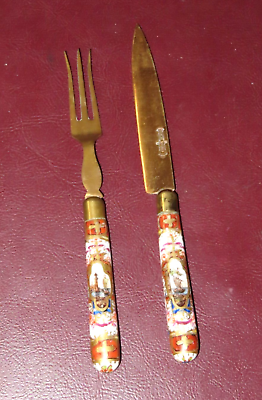 #ad Antique Stahl Bronce German Knife amp; Fork Set w Hand Painted Porcelain Handles