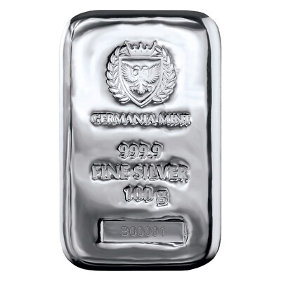 Germania Mint 100 gram 3.215 toz Cast .9999 Fine Silver Bar In Stock