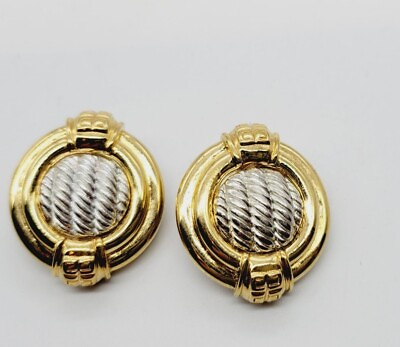 #ad Vintage GIVENCHY Couture CLASSIC Round Two Tone Silver Gold Clip Earrings Signed