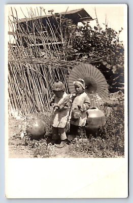 #ad #ad Postcard RPPC Chinese Children Traditional Clothes Umbrella Pottery Village C3
