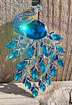 Large Aqua Blue Peacock Bird Glass Rhinestones Brooch Pin Vintage Style Huge USA