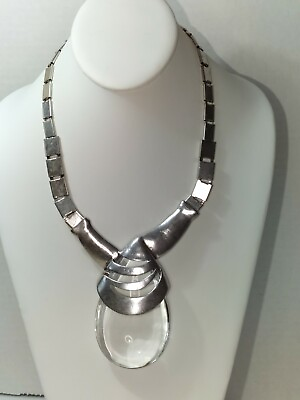 Brutalist Artisan Made Large Glass Pendant Silver Tone Statement Necklace