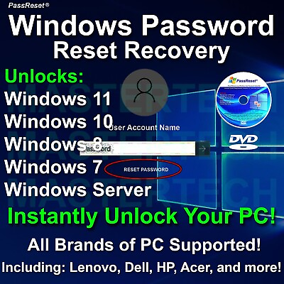 Windows Password Reset Recover DVD 2023 for Win11 10 8 7 Vista PassReset