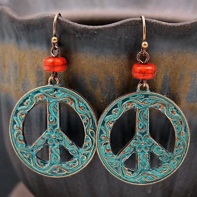 Baroque Style Antique Finish Peace Sign Dangle Earrings With Turquoise Stone