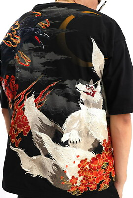 #ad Mens Summer T Shirt Japanese Pattern Embroidery Ukiyo e Nine Tailed Fox Bird New