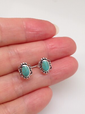 #ad 925 Sterling Silver Lace Turquoise Stud Earrings Small Oval Post Stud 9mm 6.5mm