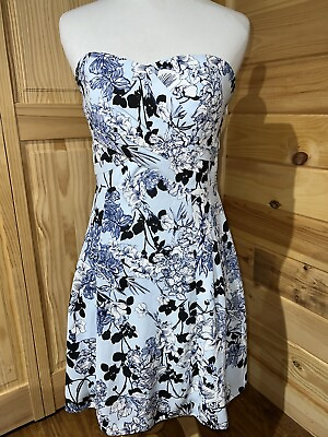#ad EXPRESS Blue And Black Floral Strapless Dress Size 4
