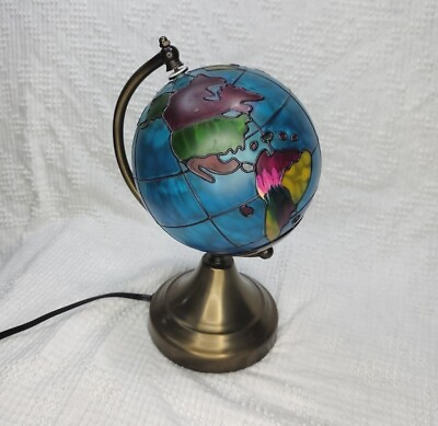 Stained Glass World Globe Lamp Light Brass Base Multicolor HTF FREE SHIPPING