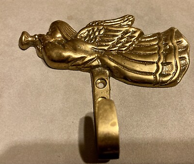 BRASS WALL HOOK Of Trumpeting Flying ANGEL Gold Tone Great Shape